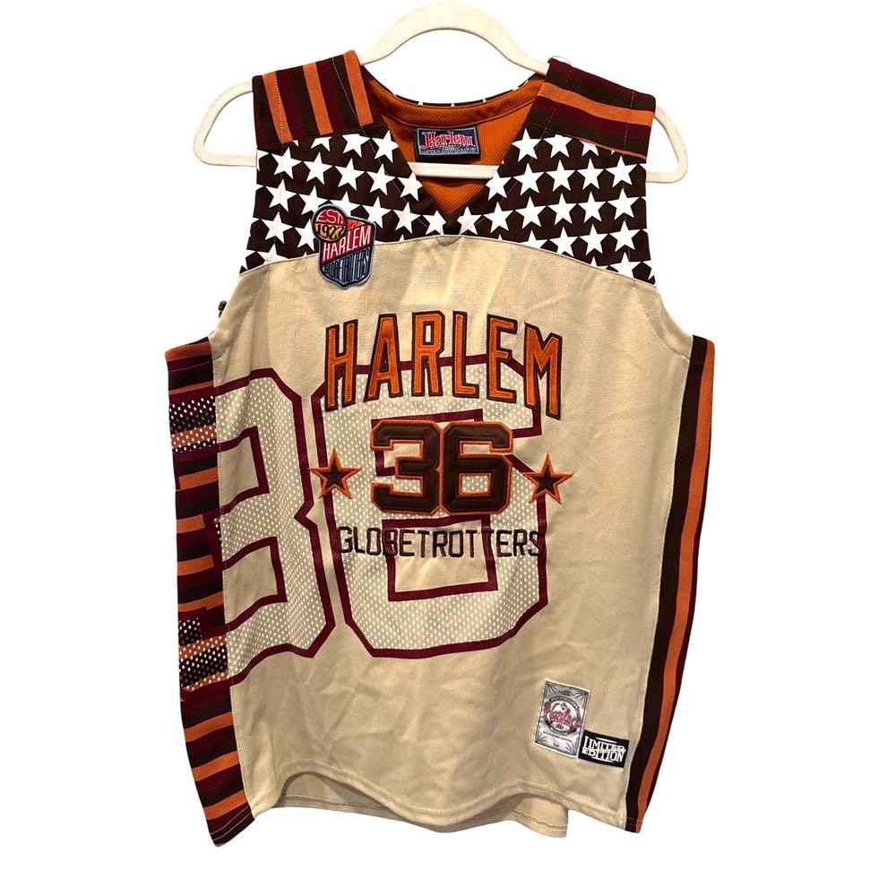 FUBU Mens Y2K Harlem Globetrotters Jersey Meadowlark 36 Tan Large